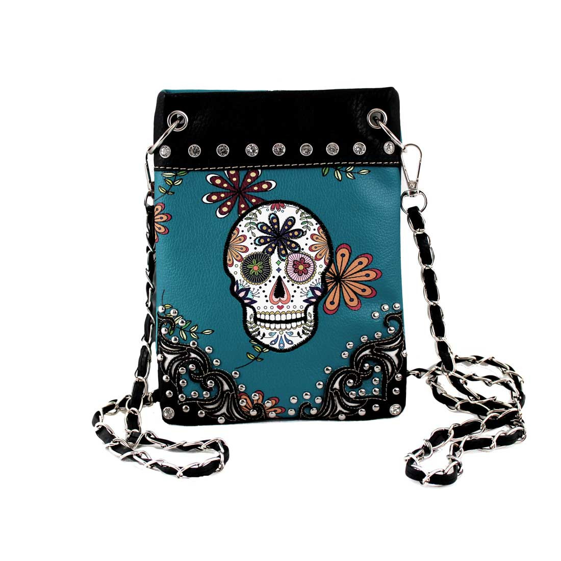Turquoise Blue Day of the Dead Crossbody Purse with Rhinestones
