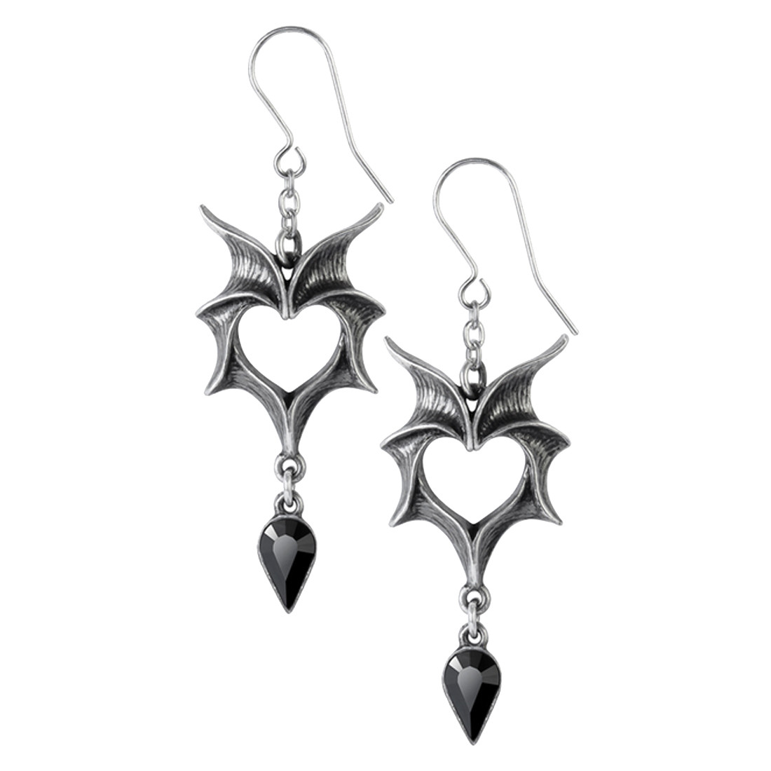 Alchemy Gothic Heart Shaped Love Bats Dangle Earrings Pewter