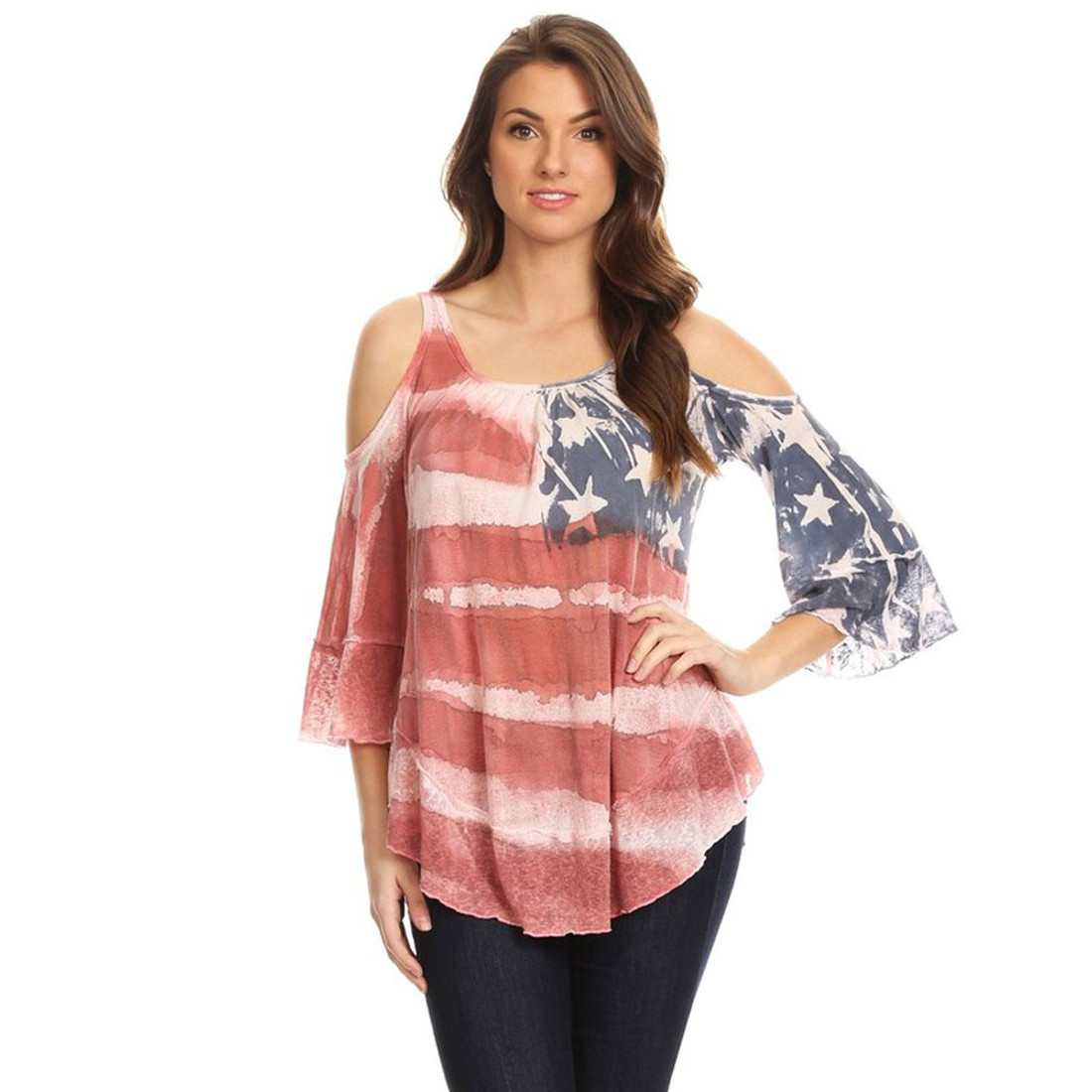 Women's American Flag Print 3/4 Sleeve Shirt with Cold Shoulder