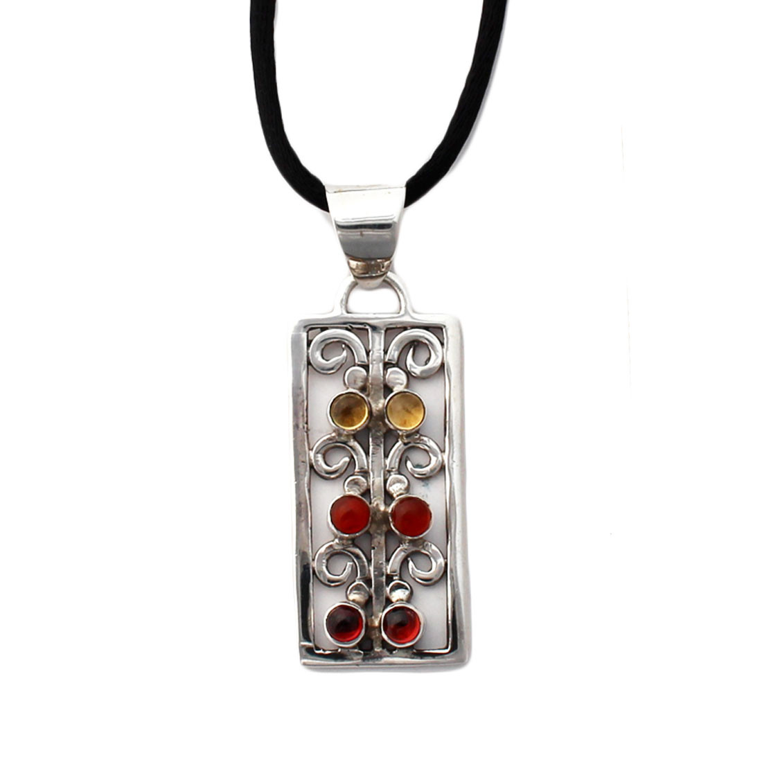 Citrine, Carnelian and Garnet sterling silver pendant with black nylon necklace. 
