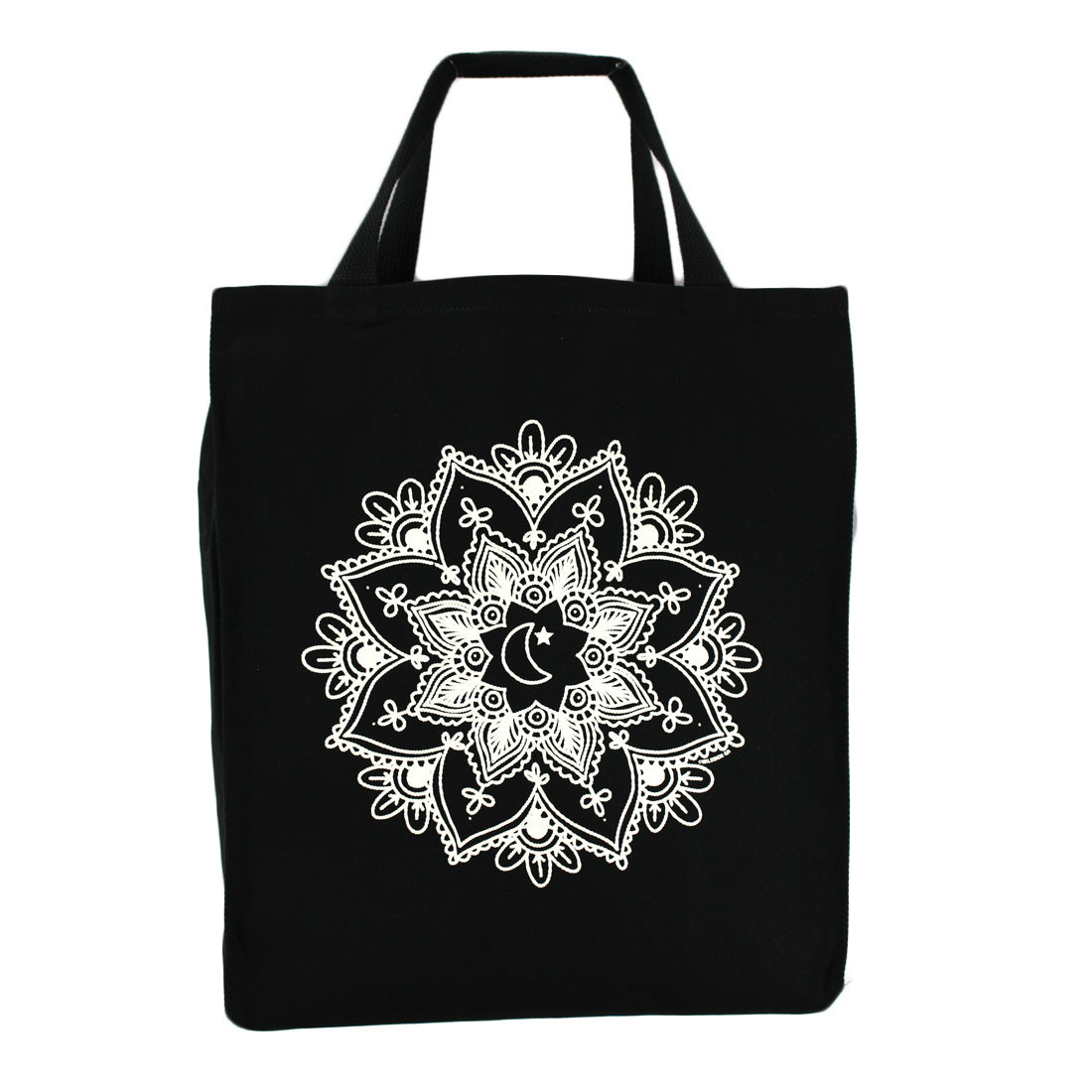 White mandala on cotton twill grocery tote bag. 