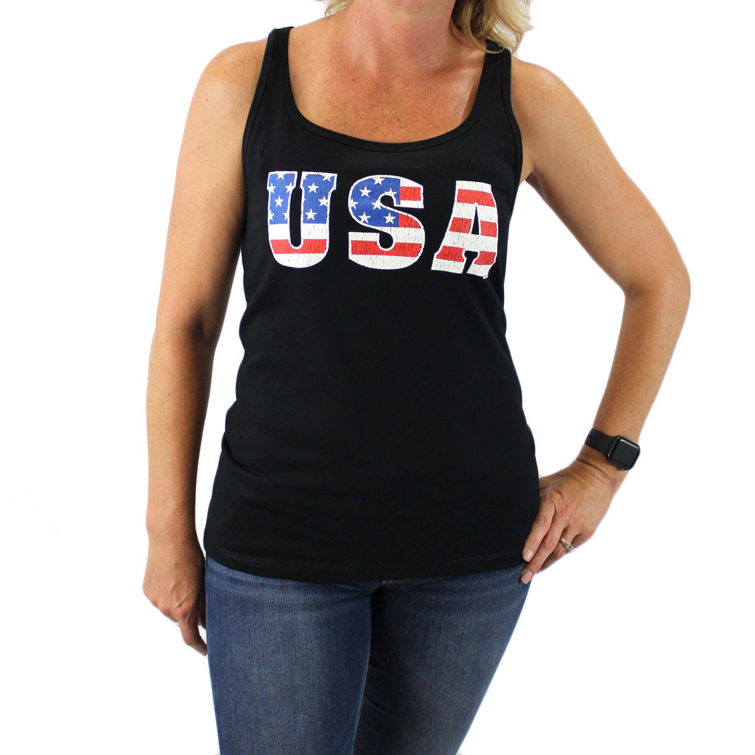 USA American flag cotton black tank top. 