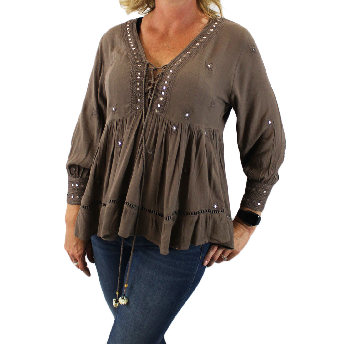 Taupe brown bohemian blouse top.  