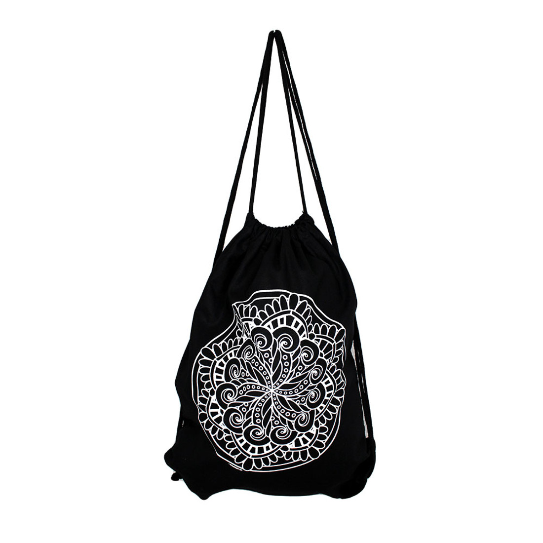 Drawstring backpack with white mandala. 