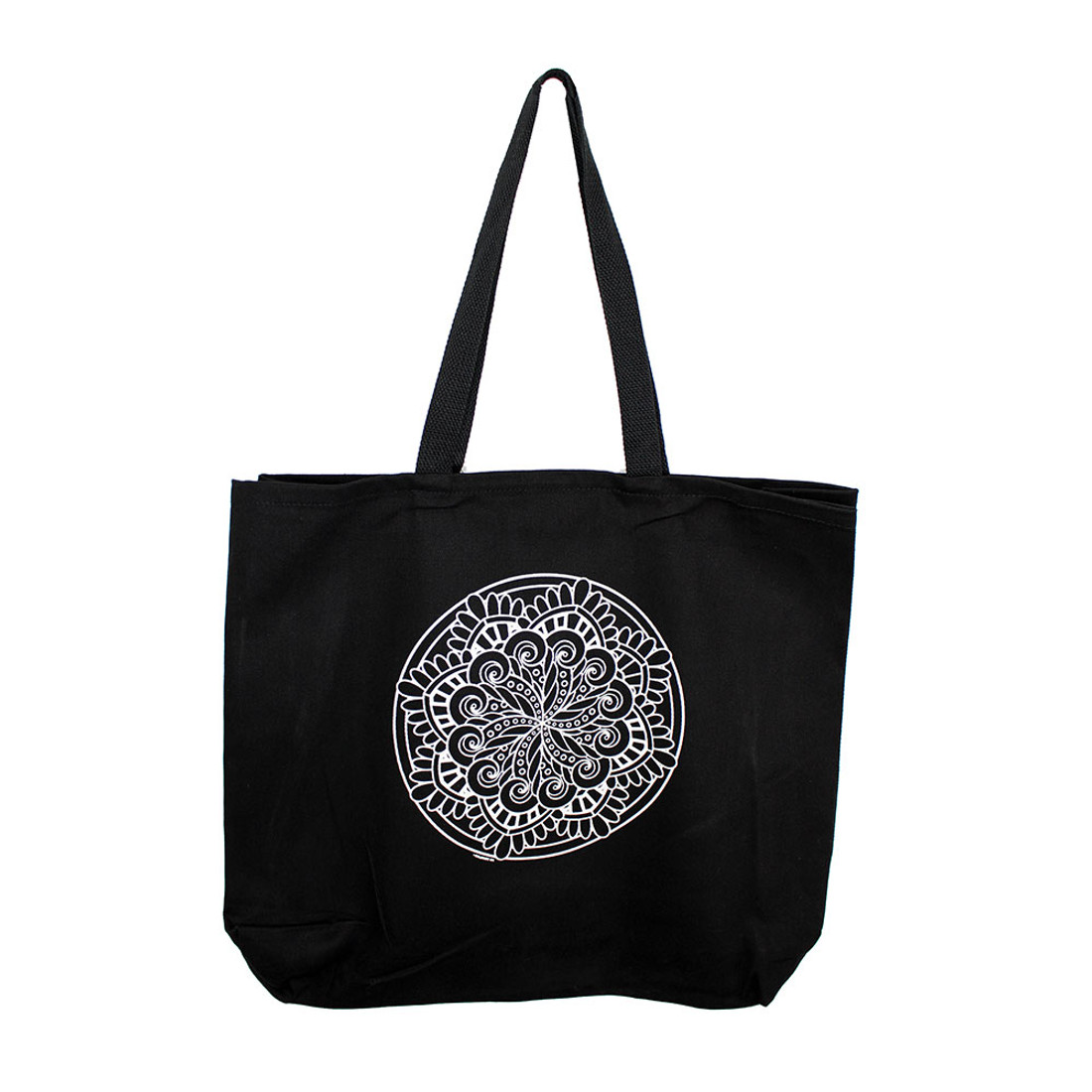 Mandala on a large black canvas tote. 