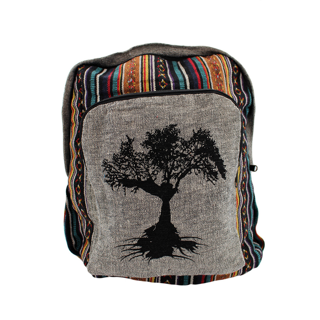 Gray Cotton Tree of Life Backpack with Tribal Woven Design