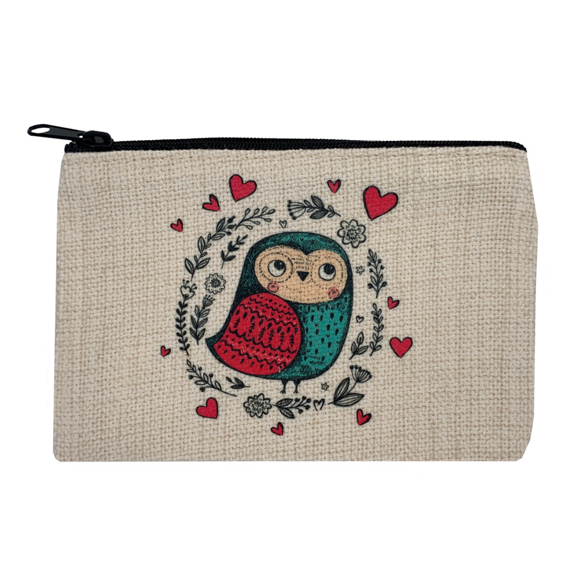 Love Bird Owl Small Linen Makeup Bag