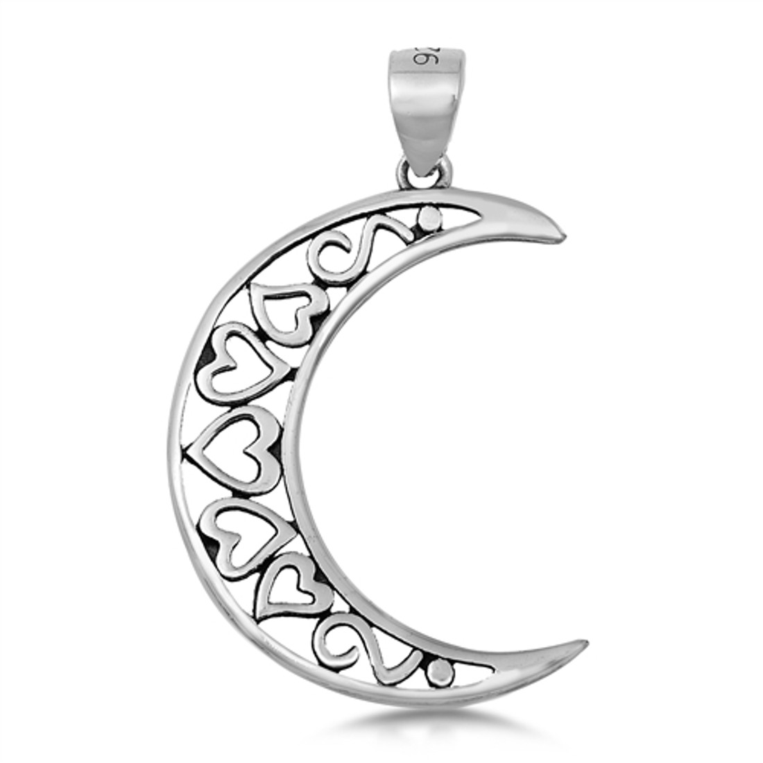 Sterling silver crescent moon with little hearts inside. 