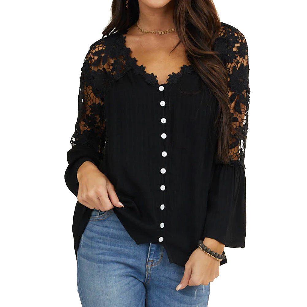 Black Flowy Top with Crocheted Lace Details