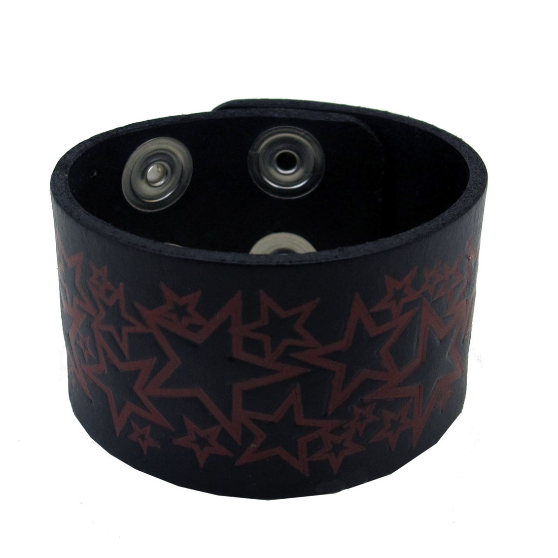 Black Genuine Leather Cuff Bracelet with Embossed Red Stars