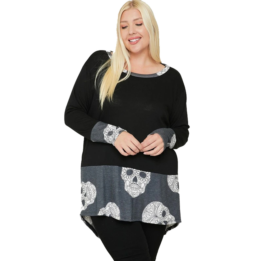 Plus Size Long Sleeve Tunic with Skull Print