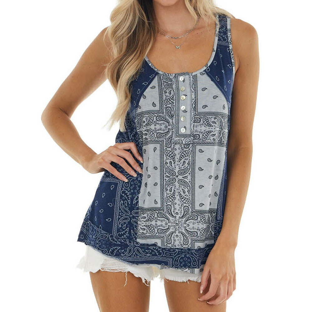 Navy Paisley Cotton Knit Tank Top