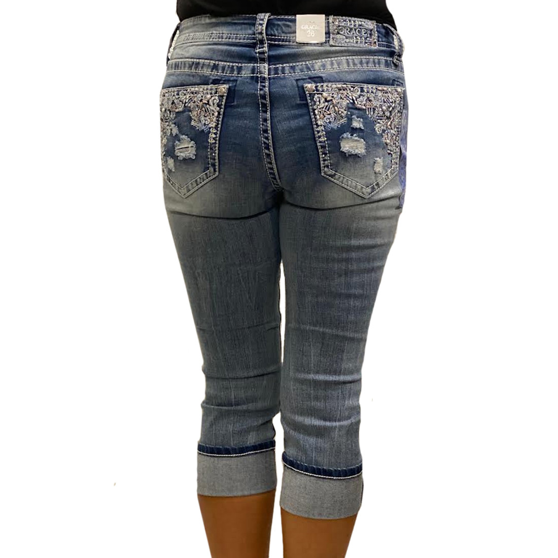 Grace In LA Western Embroidered Pocket Capri Jeans