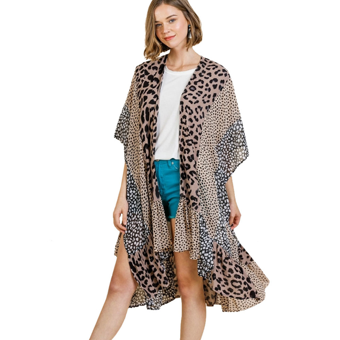 Animal Mixed Print Open Front Long Kimono Vest