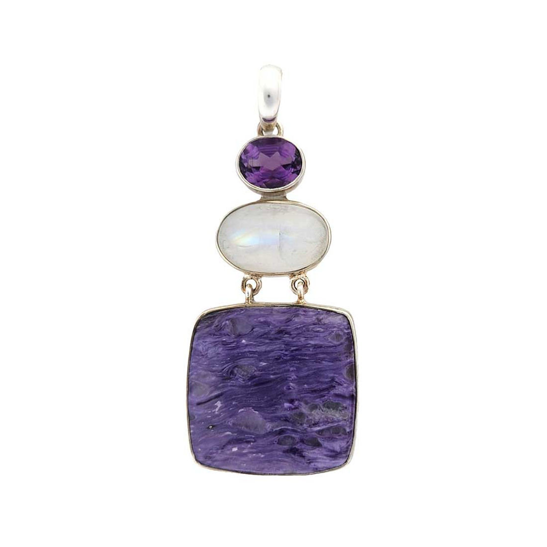 Purple Charoite, Amethyst and Moonstone sterling silver pendant.