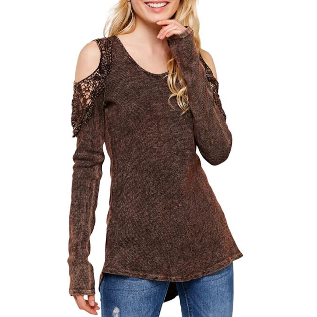 Urban X Long Sleeve Cold Shoulder Mineral Washed Top