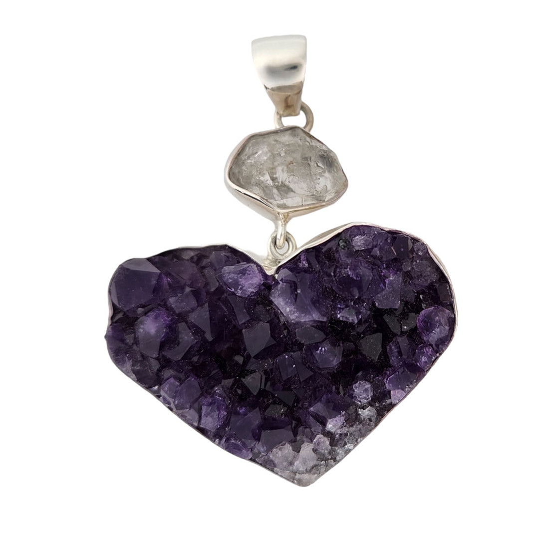 Large Druzy Amethyst heart with Herkimer Diamond silver pendant. 