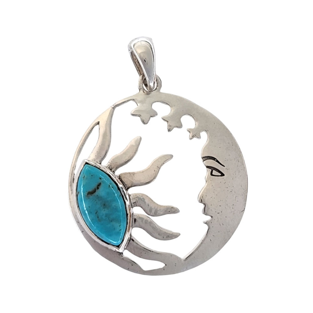 Blue Turquoise sun and moon sterling silver pendant. 