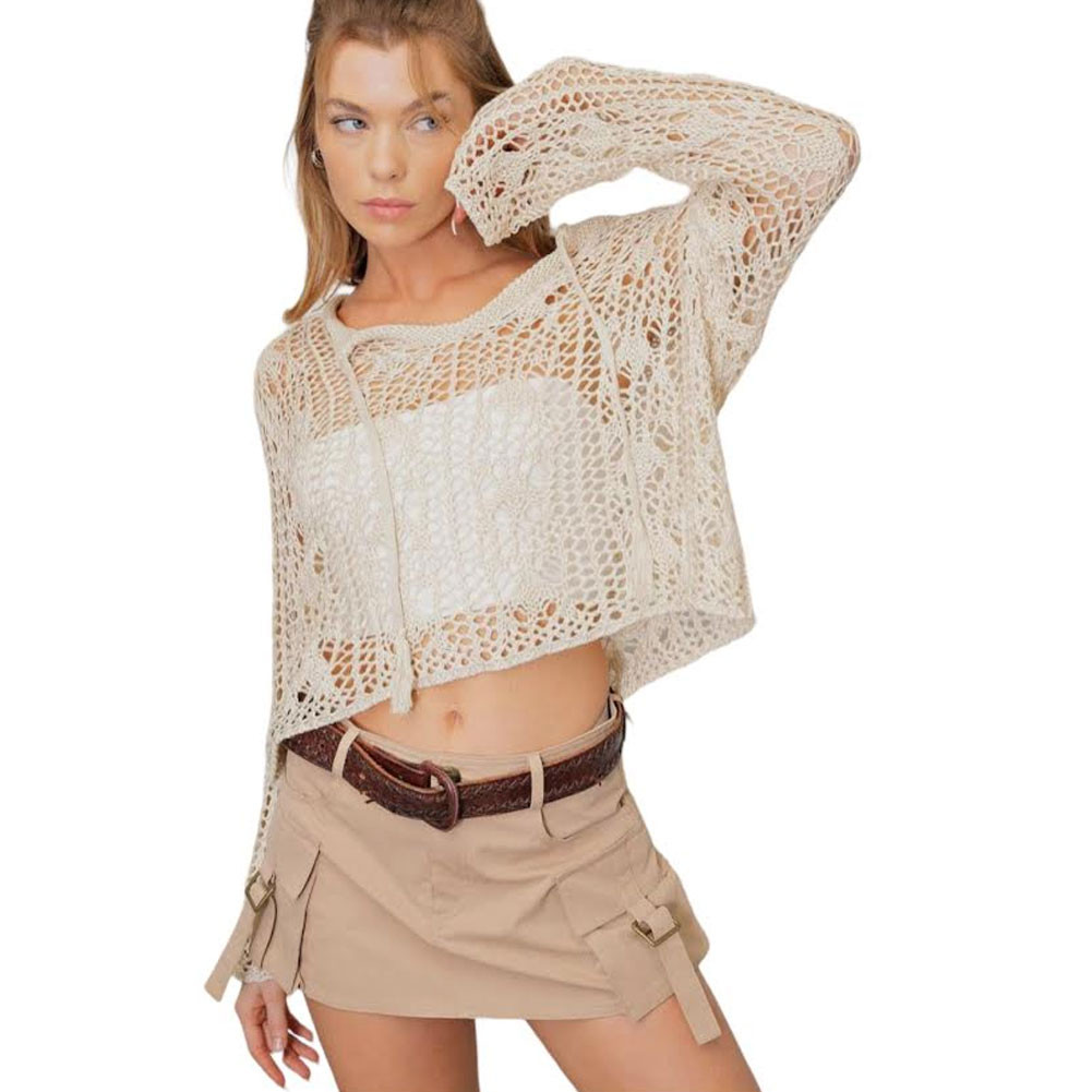 KORI LOOSE CROCHET THREAD SWEATER | PURPLE LEOPARD BOUTIQUE