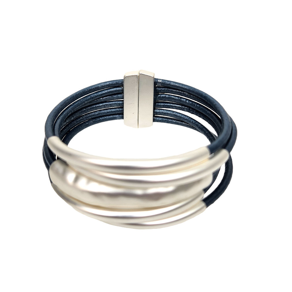 Navy blue and silver tube bracelet.   