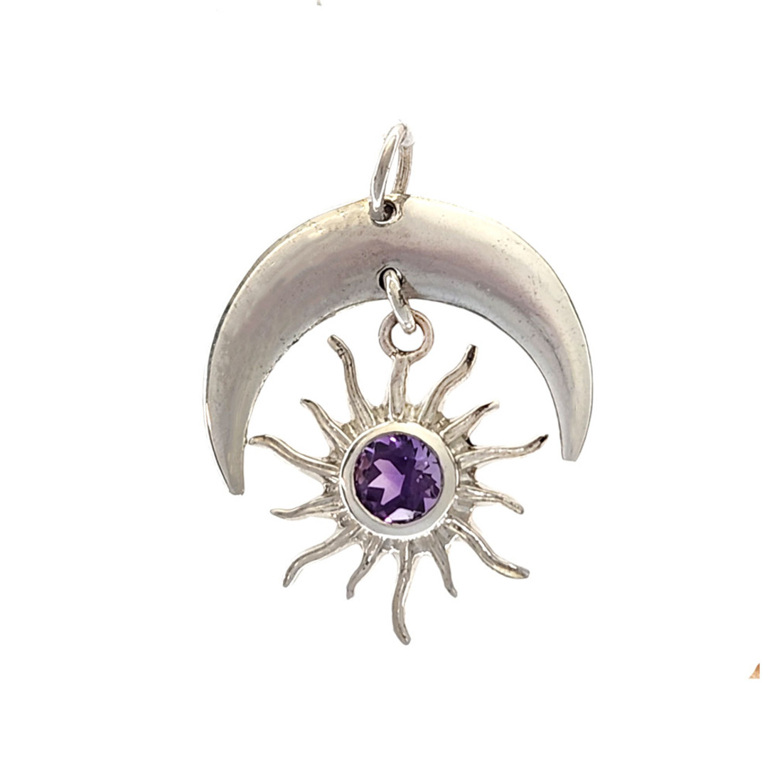 Amethyst sun dangling in crescent moon.  