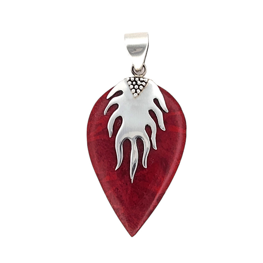 Red Coral pear-shape sterling silver pendant. 