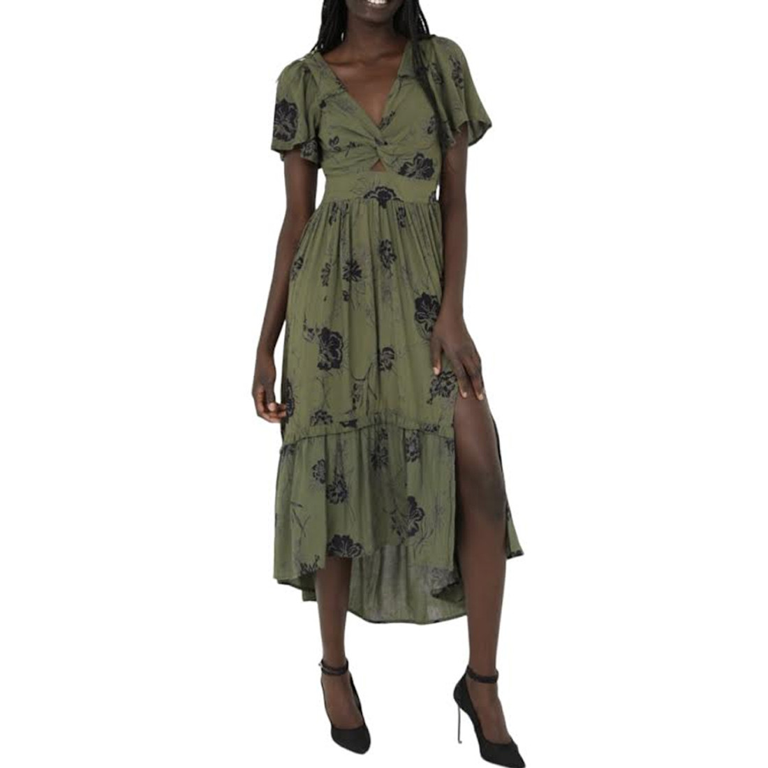 Angie Olive Green Floral High-Low Maxi Dress With Cutout and Side Slit