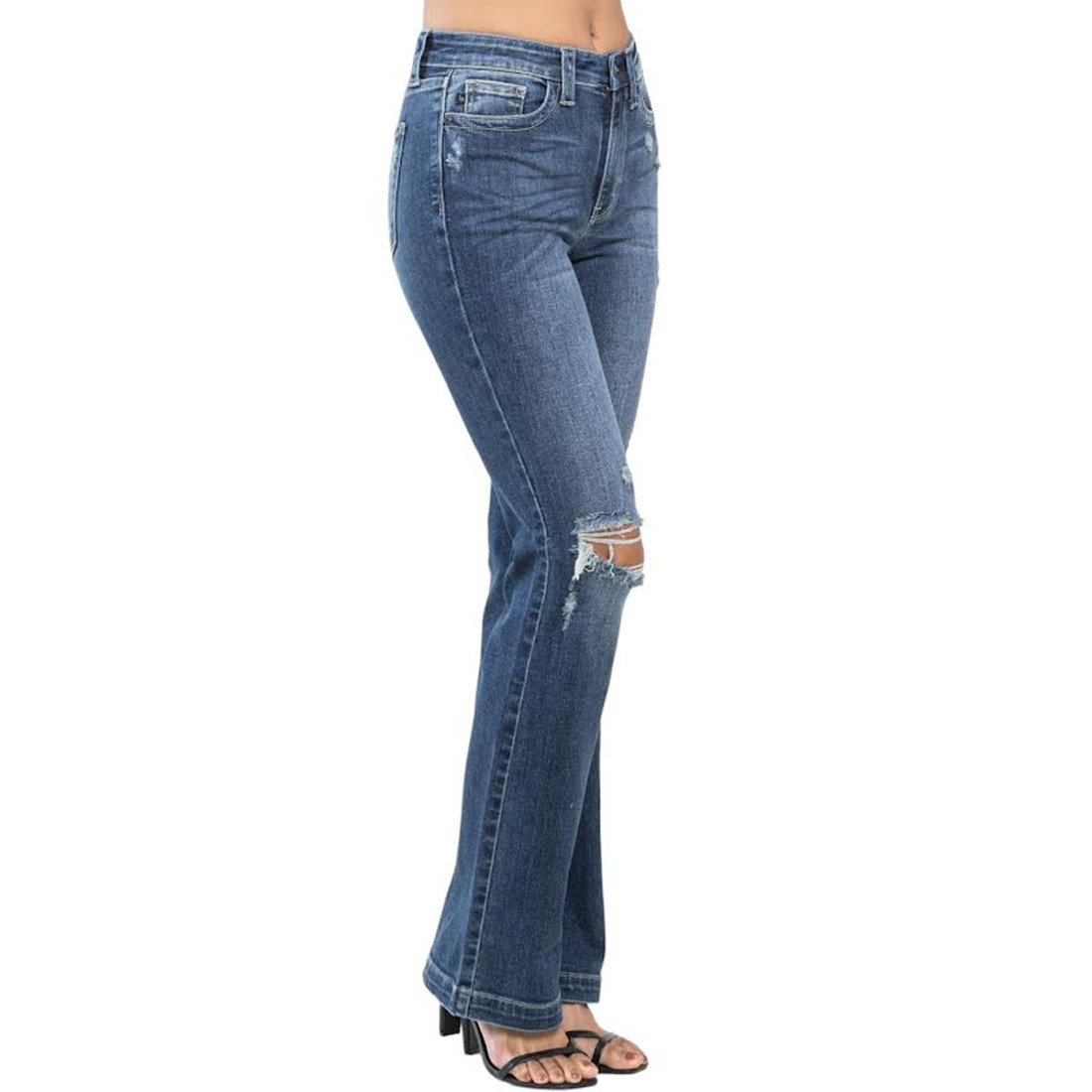 Judy Blue Mid Rise Hand Sand and Destroy Boot Cut Jeans 82541 right side view Judy Blue Mid Rise Hand Sand and Destroy Boot Cut Jeans 82541 right side view