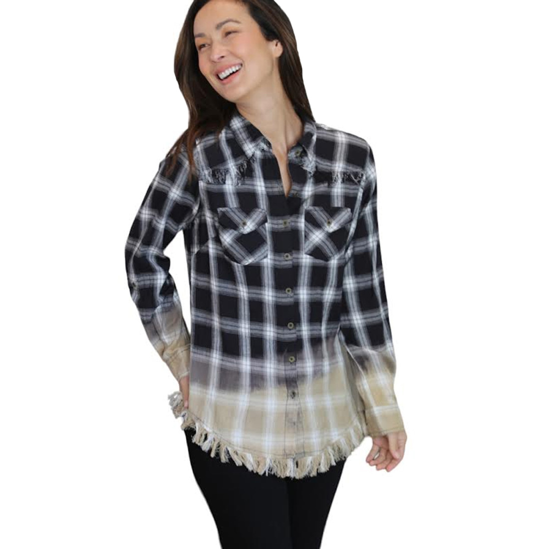 Ombre Plaid Button Up Shirt with Frayed Hemline