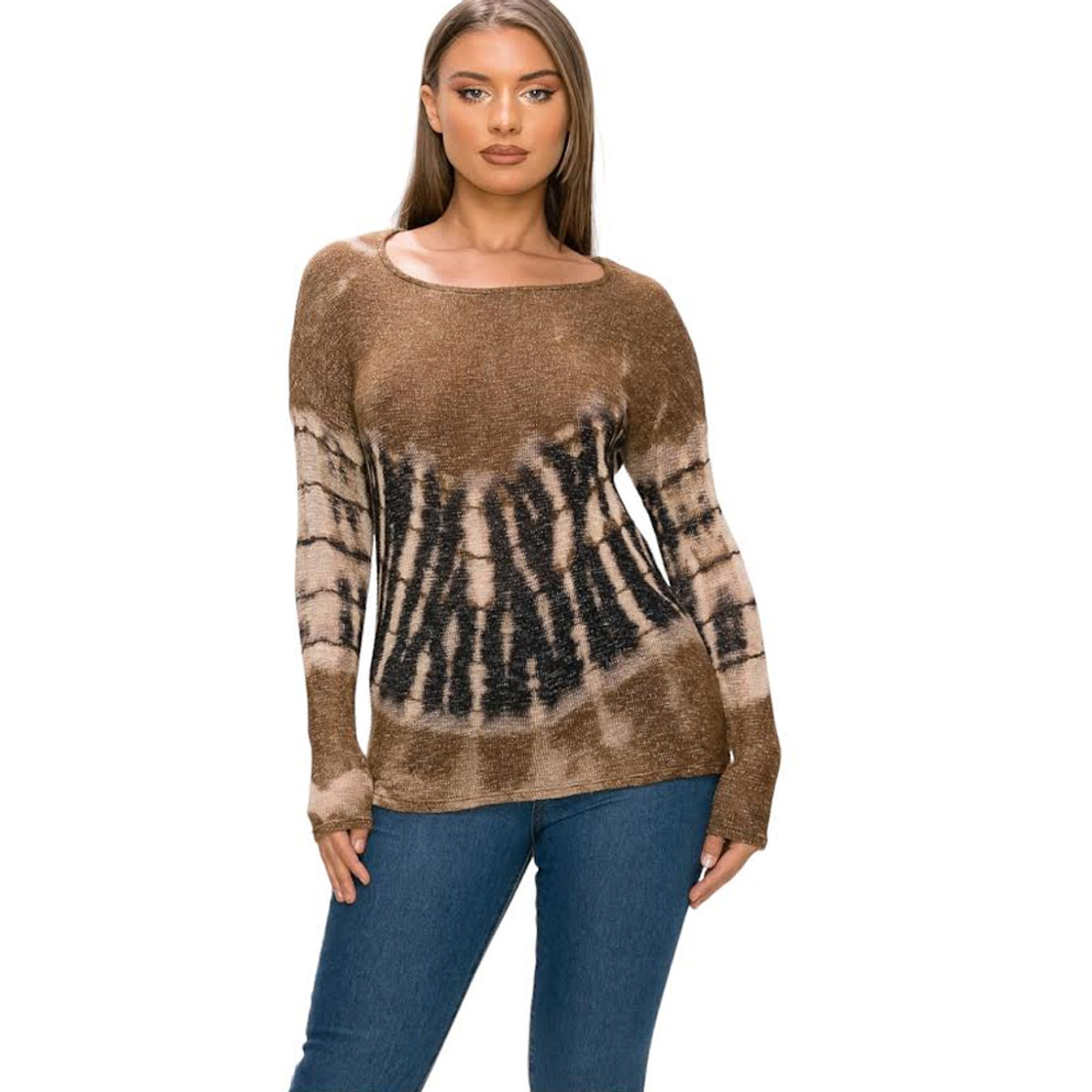 T-Party Clothing Mocha Tie Dye Long Sleeve Knit Top