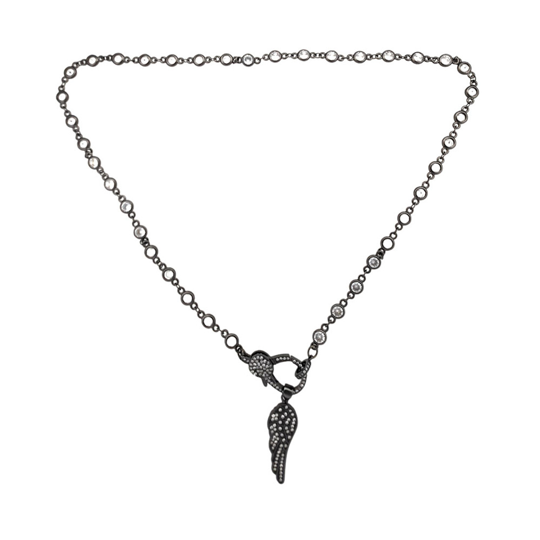 18" hematite color chain necklace with CZ and wing pendant. 