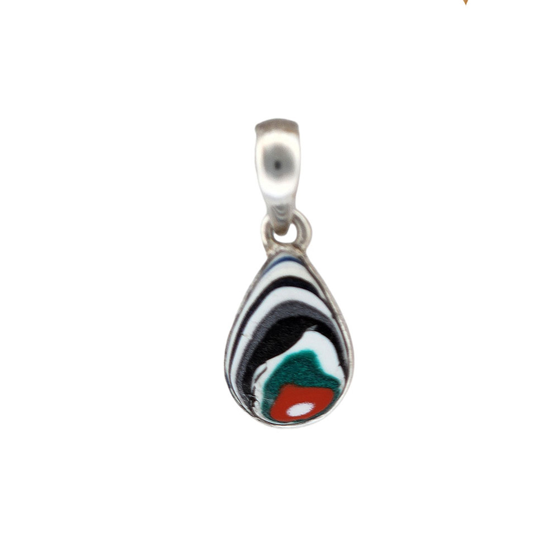 Small teardrop-shaped blue, green, red and white Fordite silver pendant. 