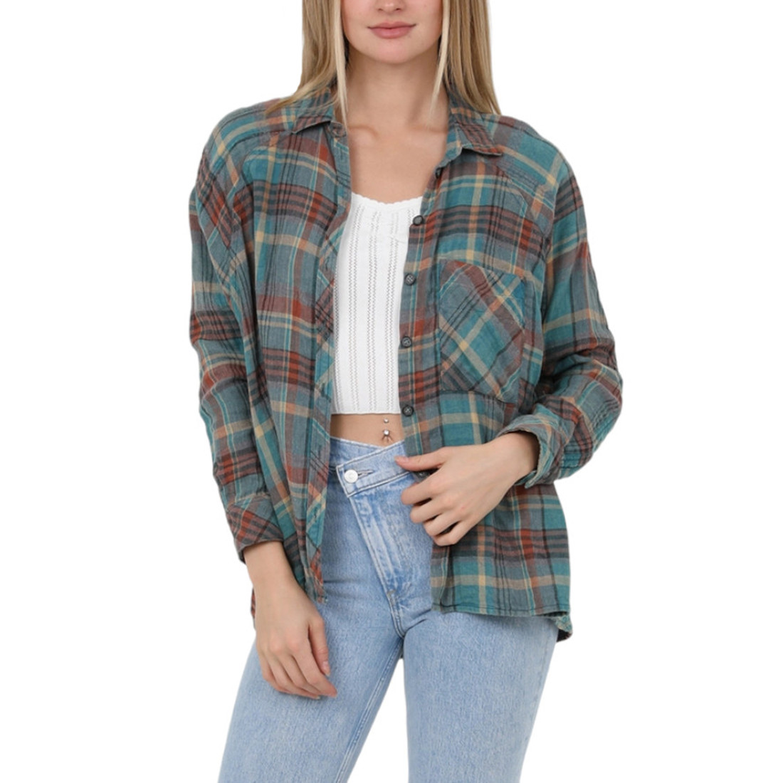 Angie Turquoise Plaid Long Sleeve Shirt