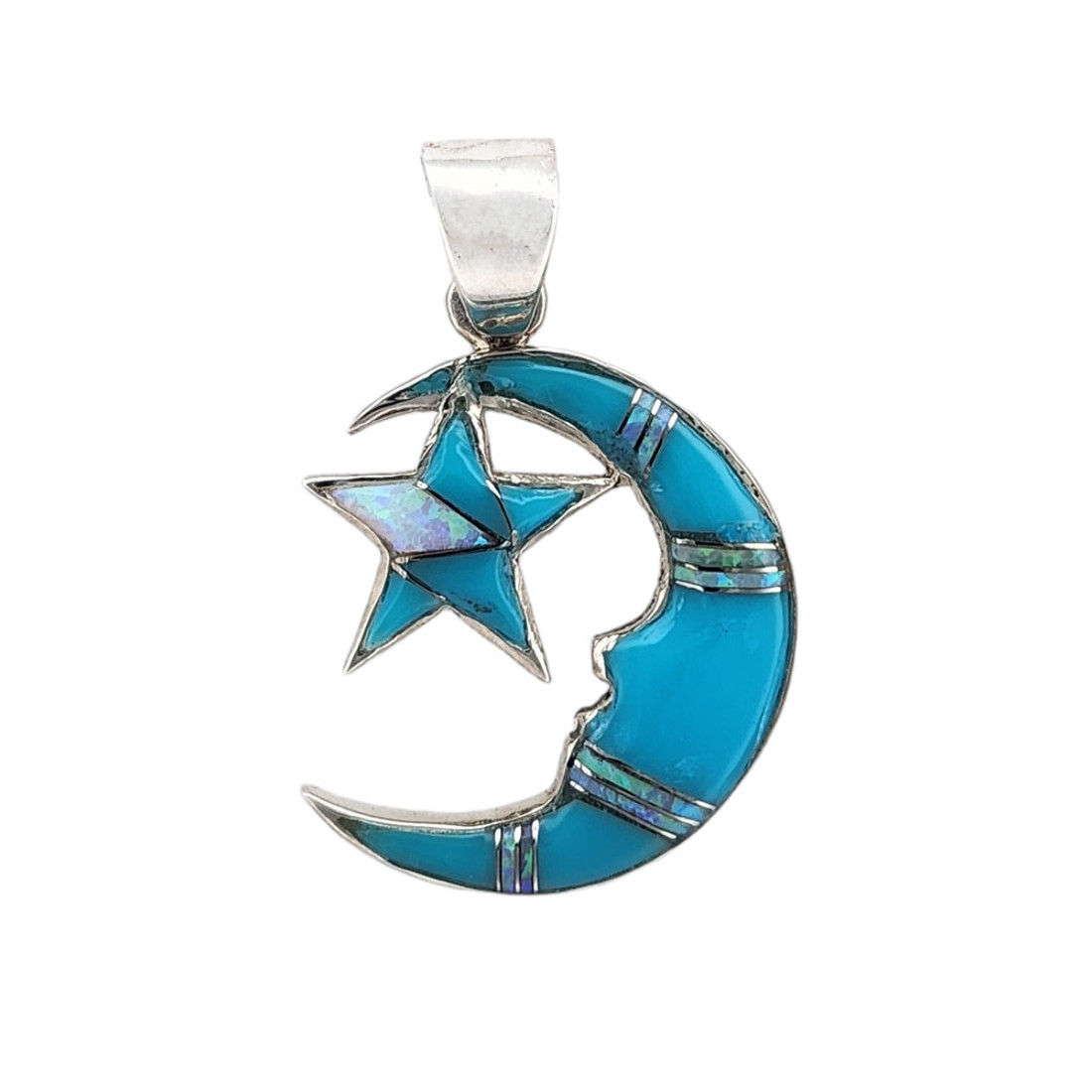 Sterling silver inlaid moon and star Turquoise and Opal pendant.  