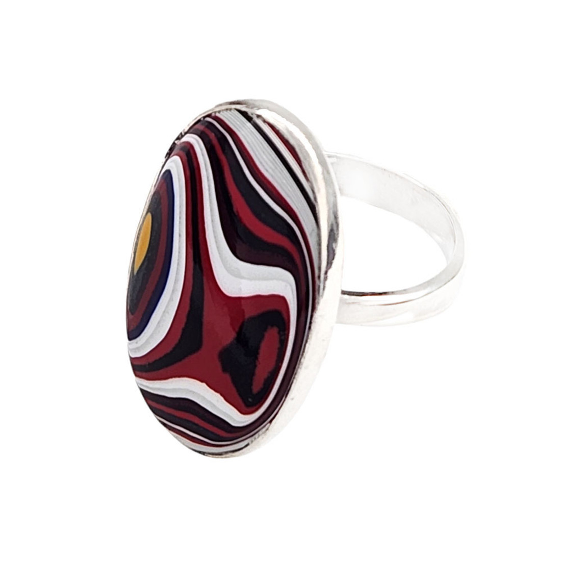 Oval red and colorful Fordite adjustable ring.