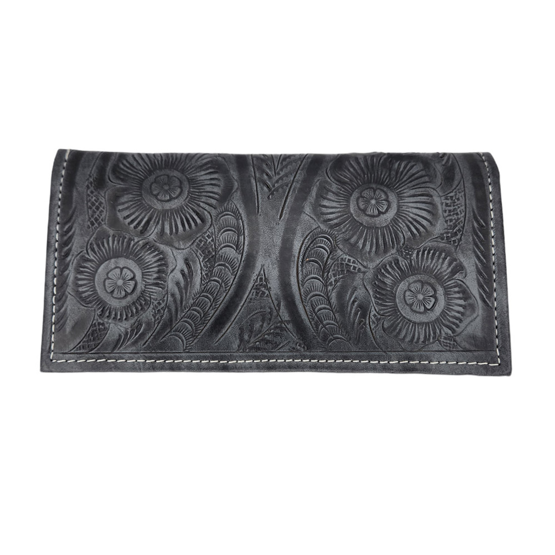 Floral design of Leaders in Leather charcoal gray wallet. 
