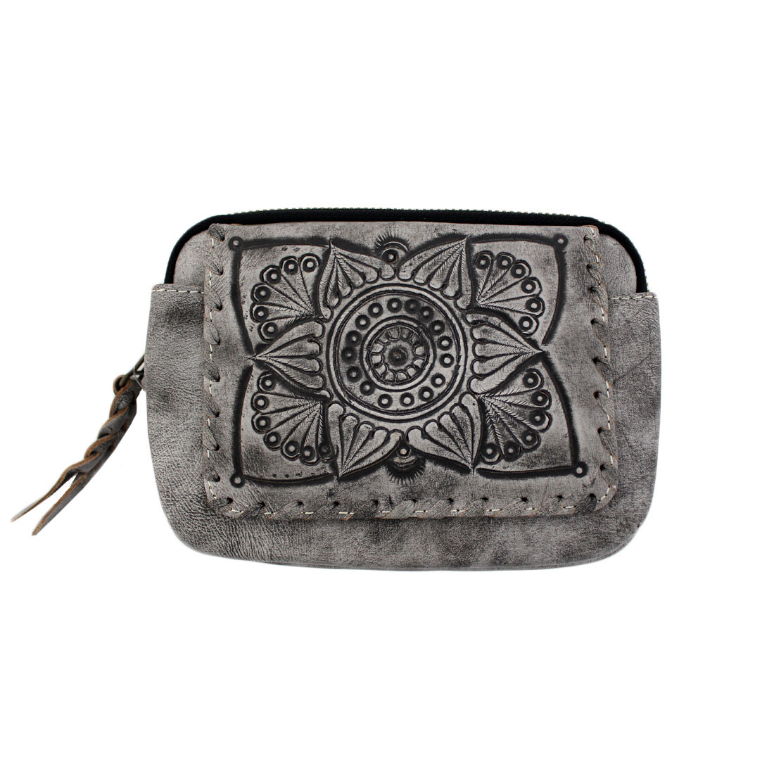 Gray Leaders in Leather hand-made women's zip around wallet with Mandala design. 