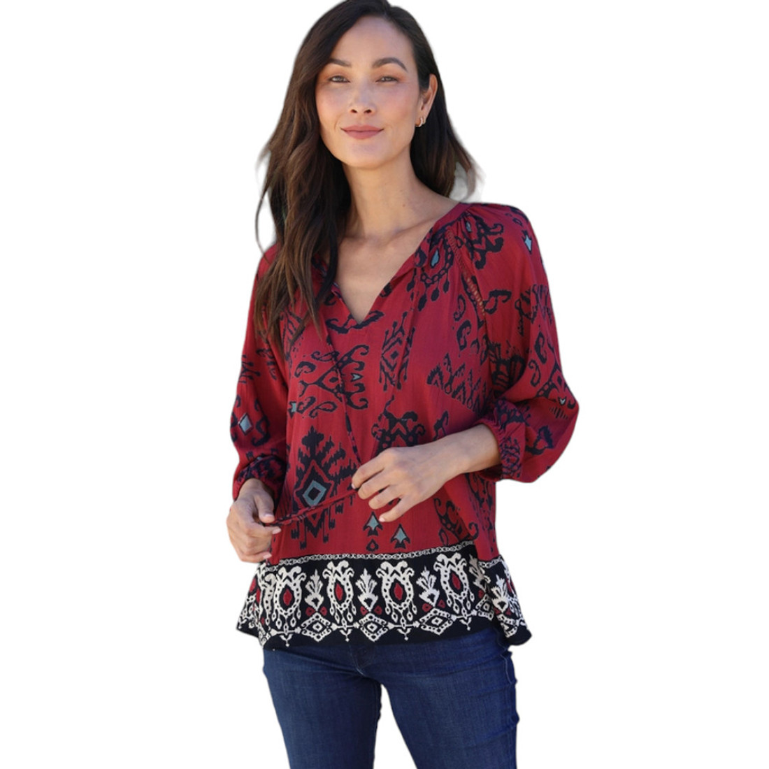 Nostalgia Red Wine Tribal Print Long Sleeve Top