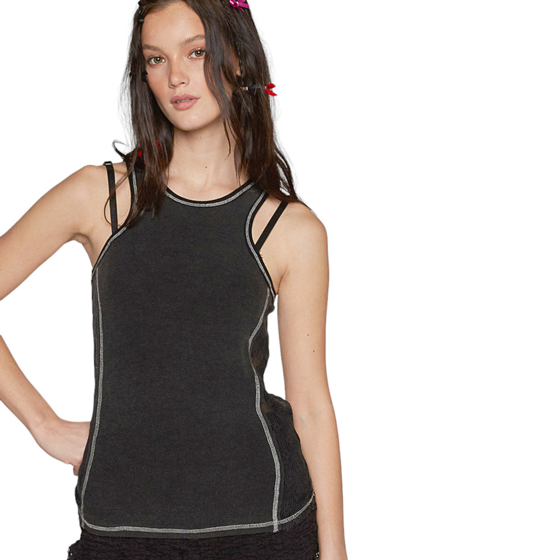POL Clothing High Neck Tank Top with Side Lace Insets