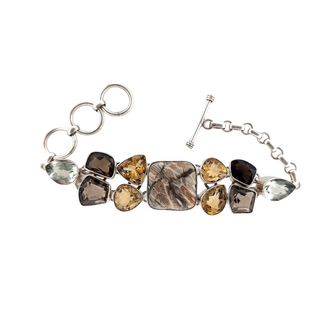 Jasper, Citrine, Smoky Topaz and Green Amethyst sterling silver bracelet with a toggle. 