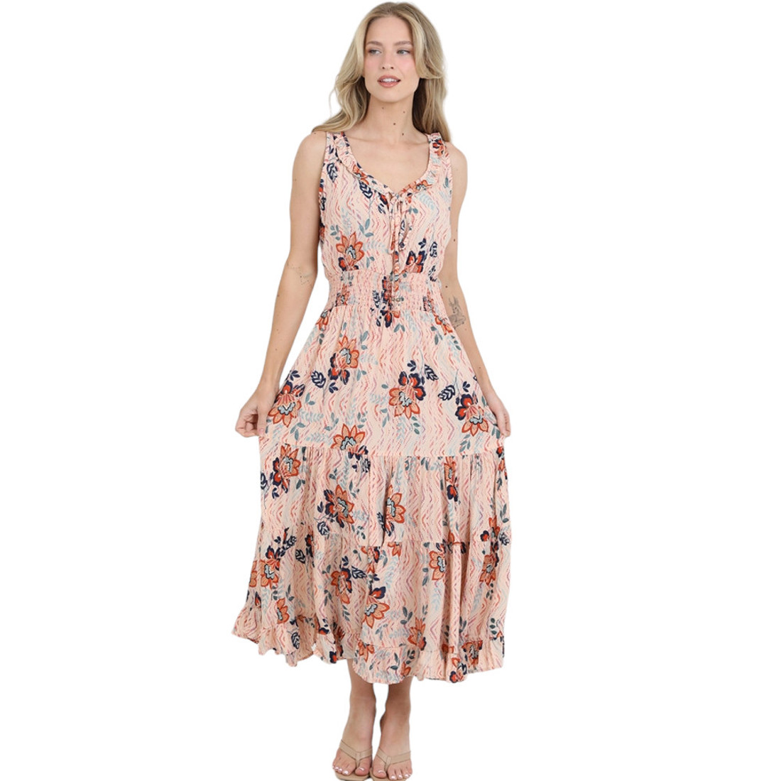 Summer Peach Floral Maxi Dress
