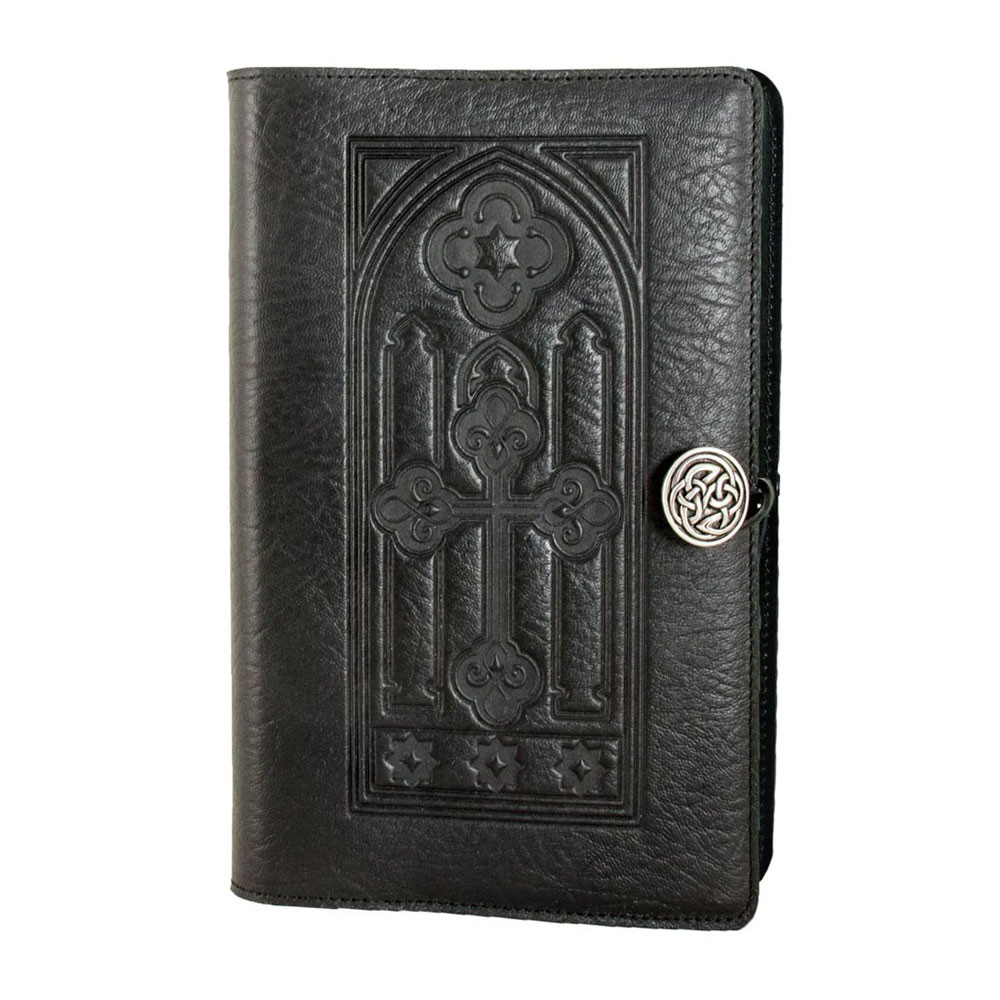 Large black stained glass cross leather journal. 