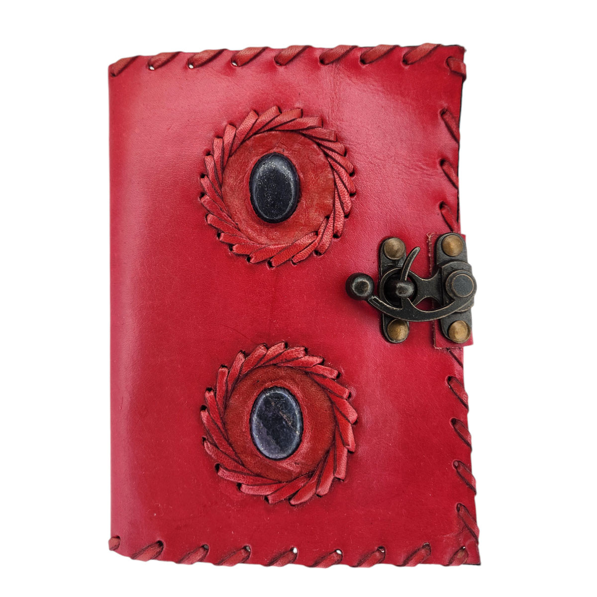 Red leather journal with two Lapis stones on the front. 
