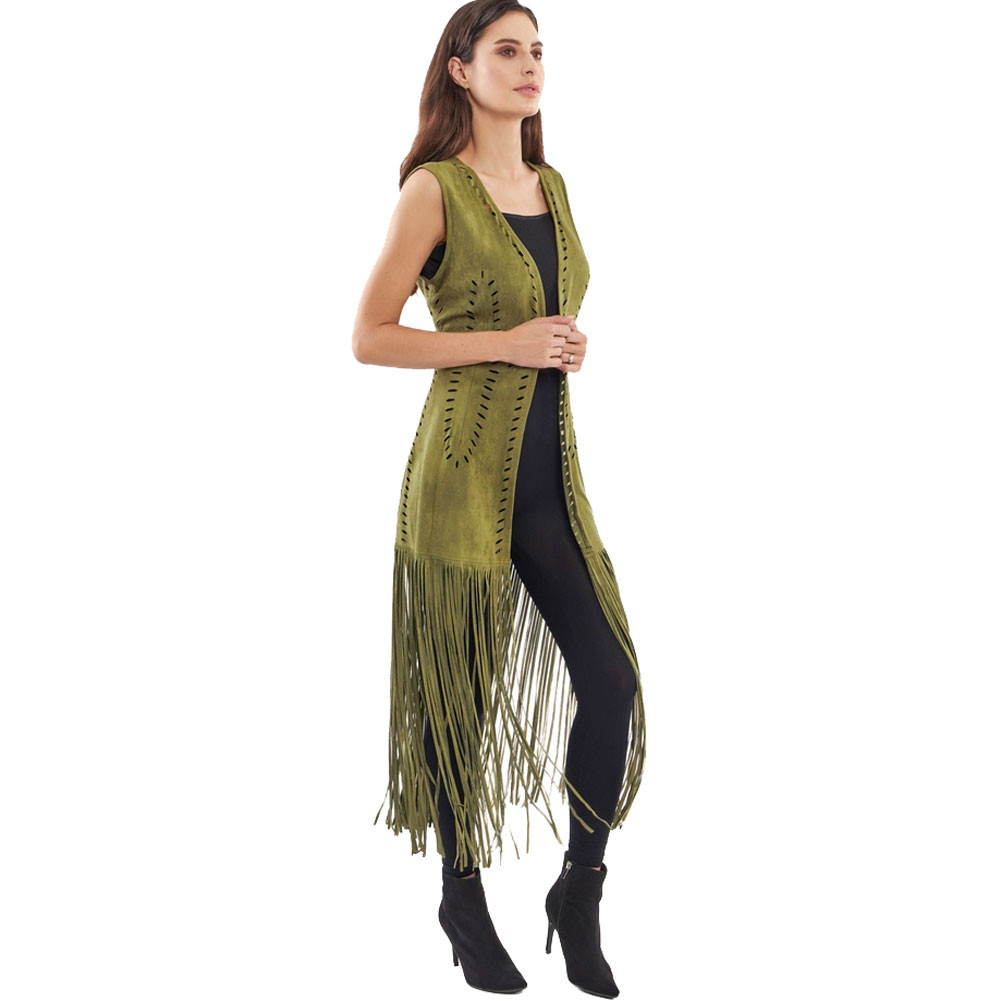 Adore Long Olive Green Fringe Vest