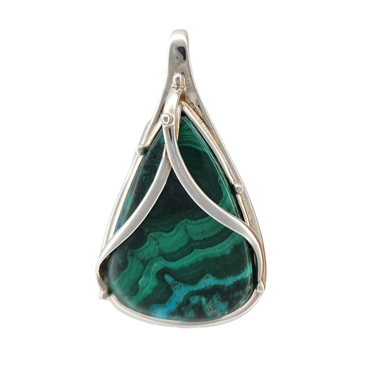 Large green Malachite and Crysocolla sterling silver pendant. 