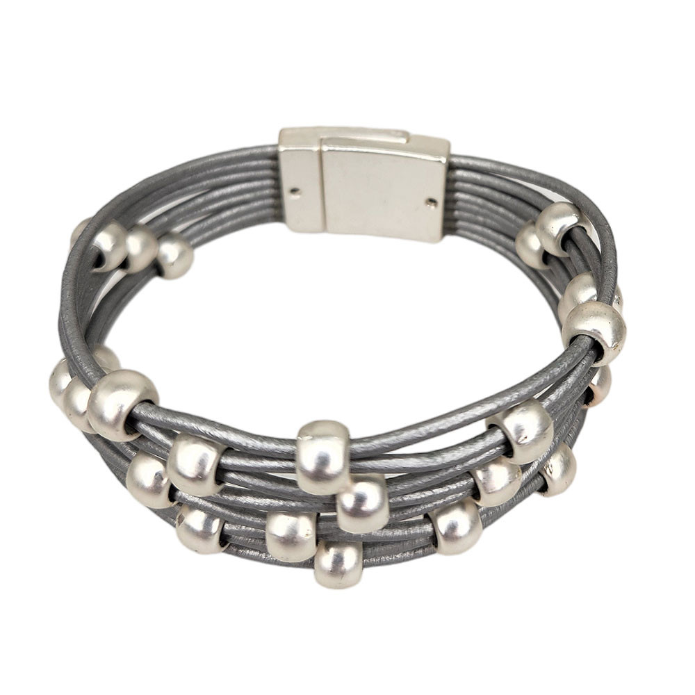 Matte silver beaded gray leather magnetic bracelet. 