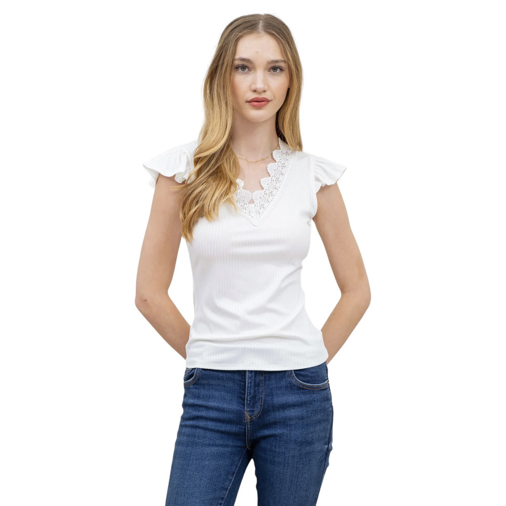 Off White V-Neck Ribbed Top
