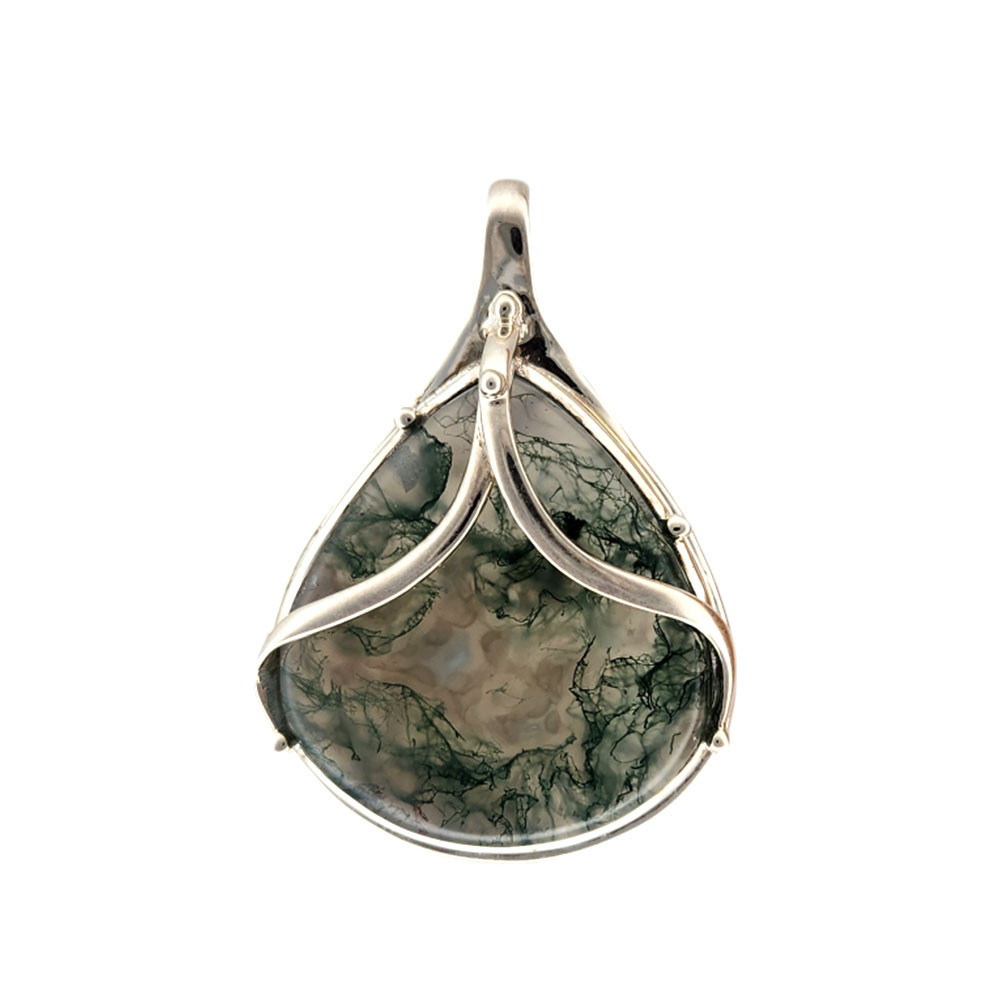 Large Green Moss Agate sterling silver pendant. 
