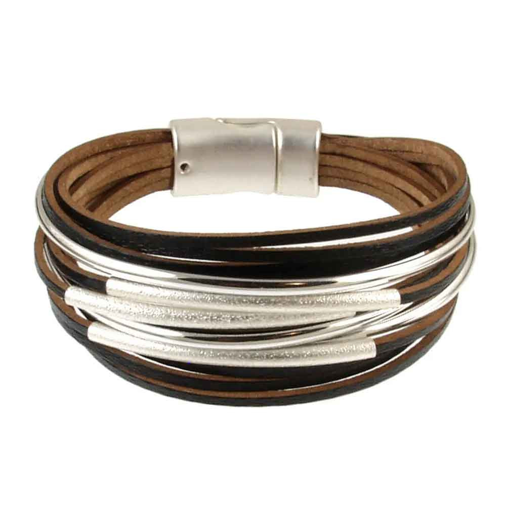 Black leather and silver tube magnetic bracelet. 