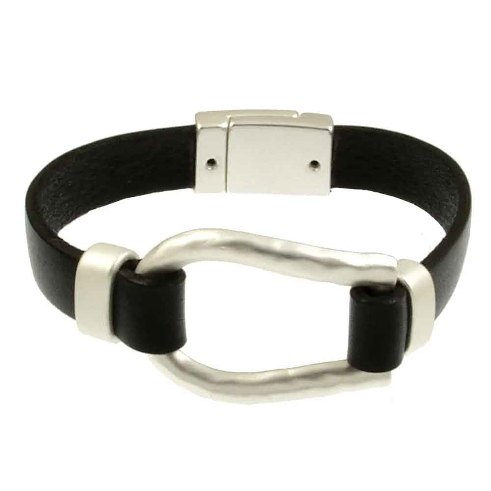 Black leather magnetic braclet with matte finish silver loop design. 